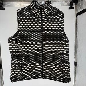 Talbots Women's Puffer Vest XL Black White Polka Dot Quilted Zip Up feather dwn